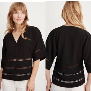 Stella & Dot Black Top Womens Medium Kimono Sleeve V Neck Crochet Trim